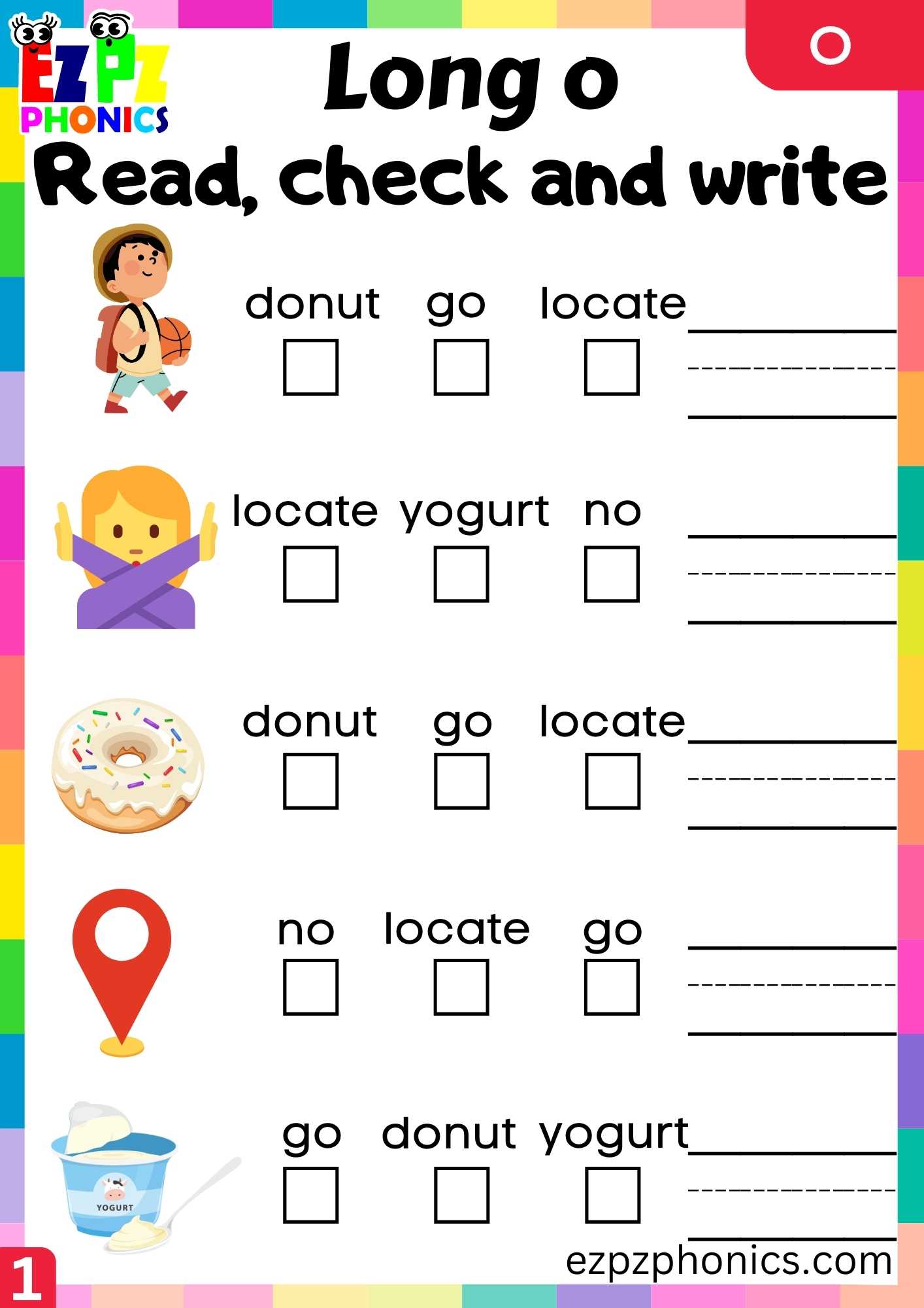Group1 O Words Read, Check And Write Long O Phonics Worksheet